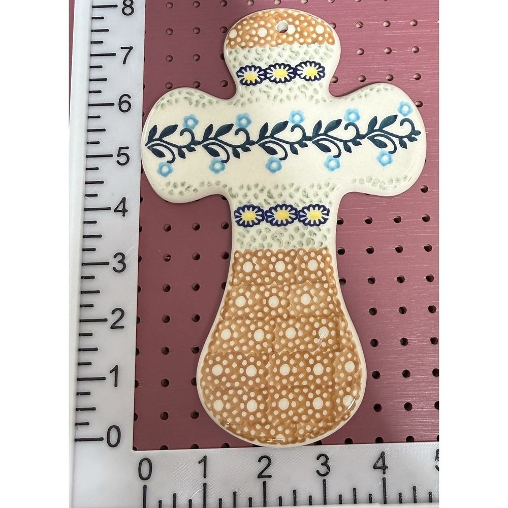 Handmade Boleslawiec Polish Pottery Ceramic Cross Wall Hanging Floral Pattern